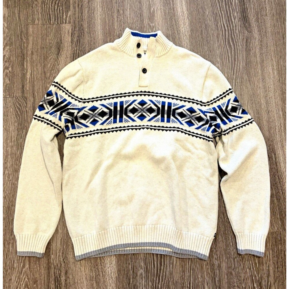 Chaps Men's Mock Neck Pullover Knit Sweater Pattern Geometric Beige/Blue L